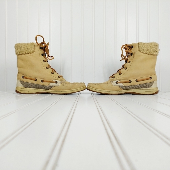 Sperry Top-sider Tall Women Tan Leather Fur Non-Marking Lace Up Ankle Boots B373 - Picture 7 of 12